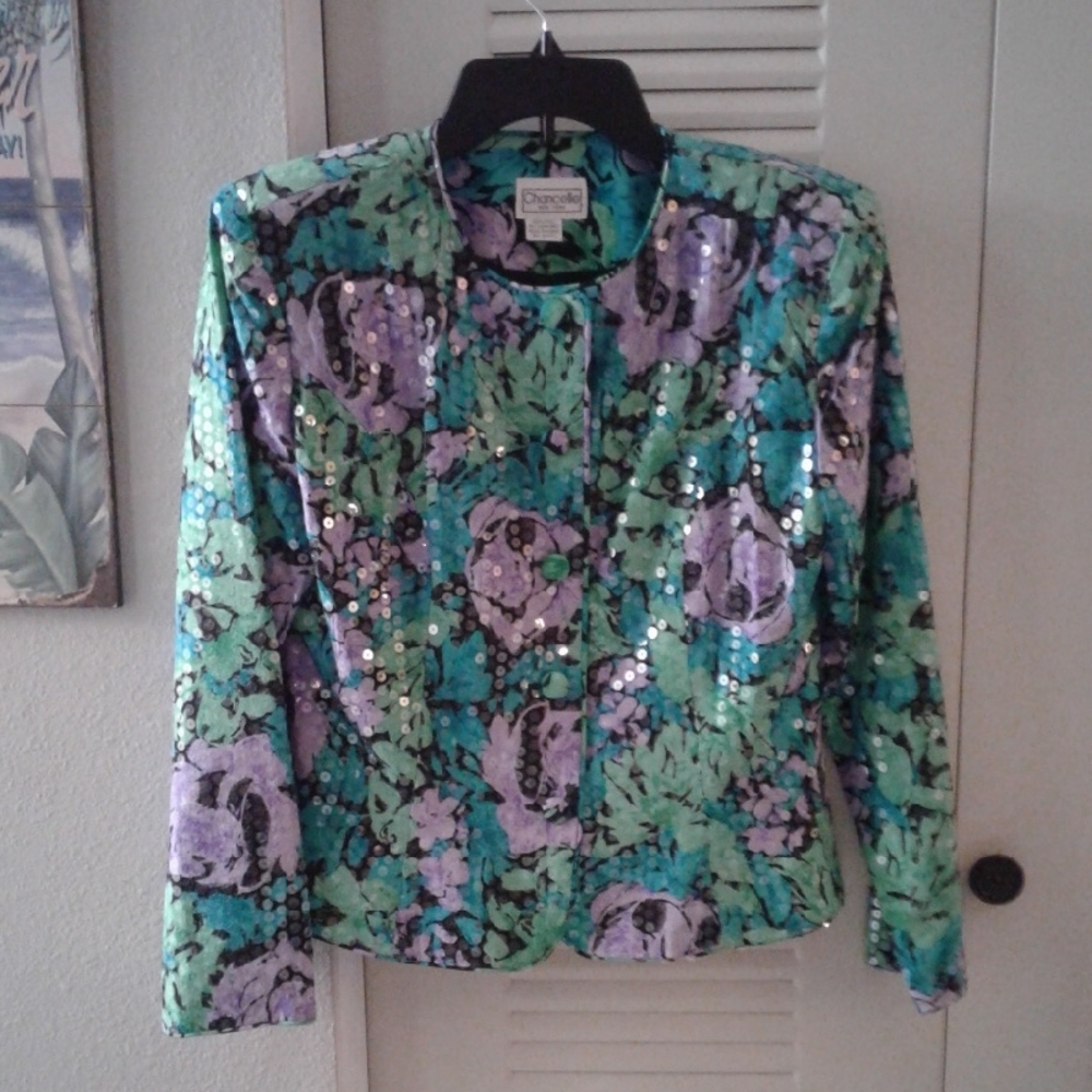Beautifully Chic Floral Sequin Jacket, 100% Silk, By Chancelle, New York